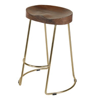 Ela 24 Inch Counter Height Stool with Mango Wood Saddle Seat, Iron Frame, Brown and Gold - UPT-263792