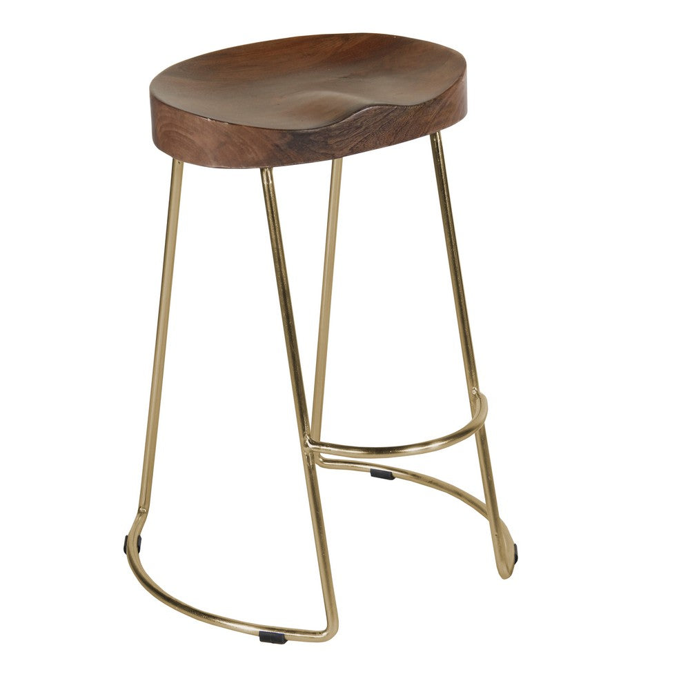 Ela 24 Inch Counter Height Stool with Mango Wood Saddle Seat, Iron Frame, Brown and Gold - UPT-263792