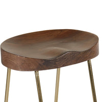 Ela 24 Inch Counter Height Stool with Mango Wood Saddle Seat, Iron Frame, Brown and Gold - UPT-263792