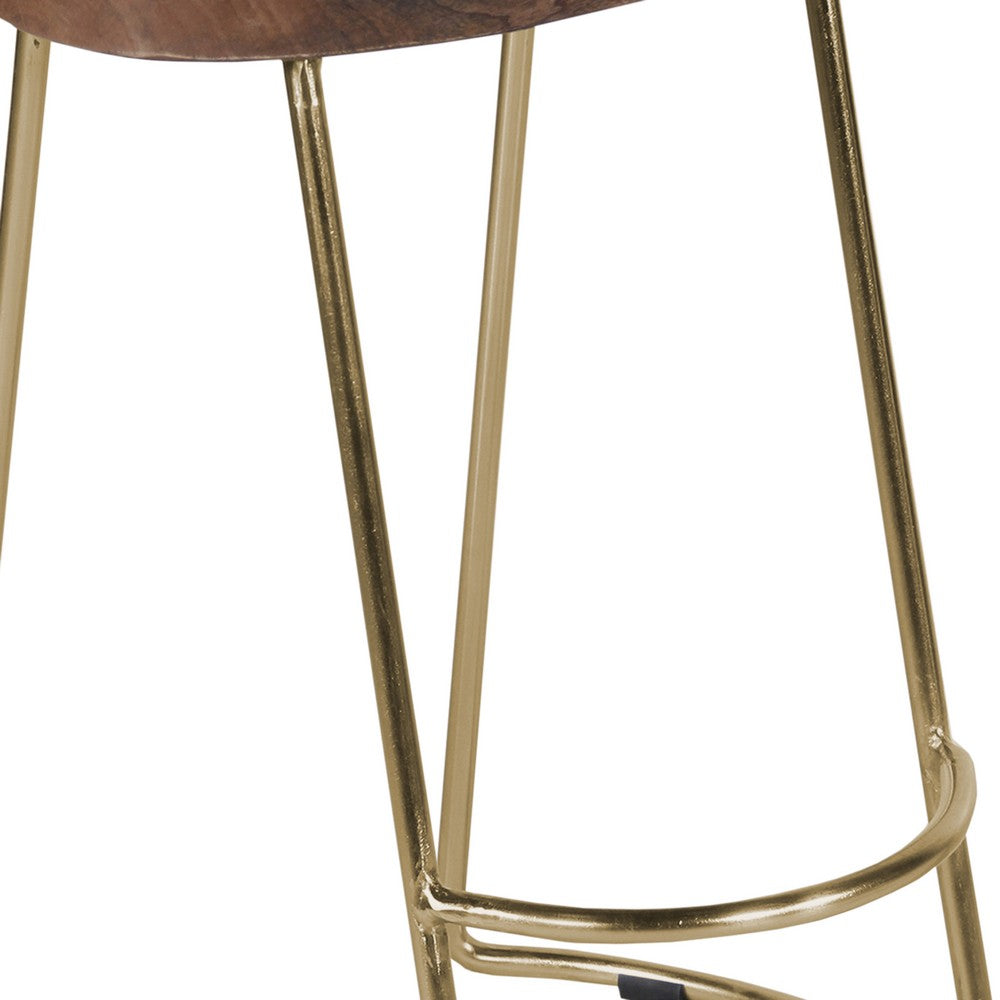 Ela 24 Inch Counter Height Stool with Mango Wood Saddle Seat, Iron Frame, Brown and Gold - UPT-263792