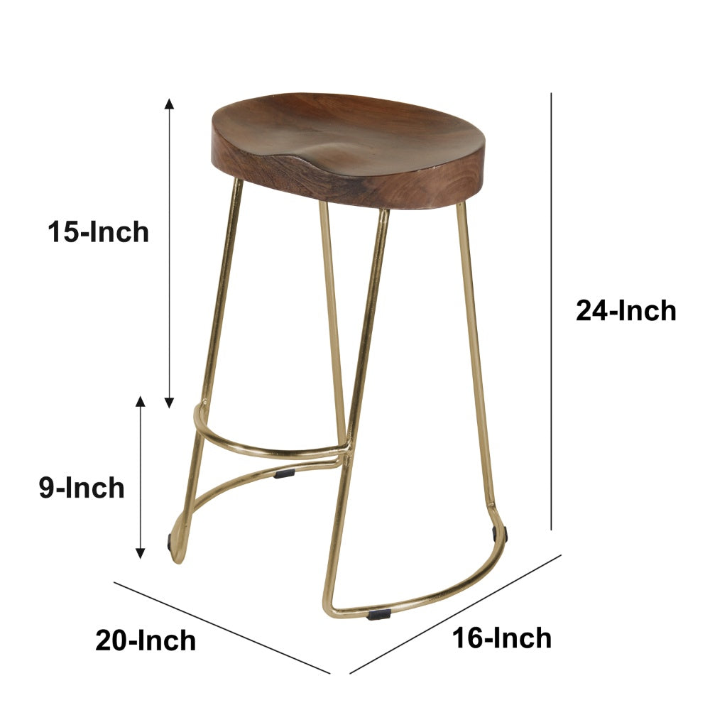 Ela 24 Inch Counter Height Stool with Mango Wood Saddle Seat, Iron Frame, Brown and Gold - UPT-263792