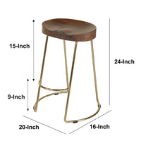 Ela 24 Inch Counter Height Stool with Mango Wood Saddle Seat, Iron Frame, Brown and Gold - UPT-263792