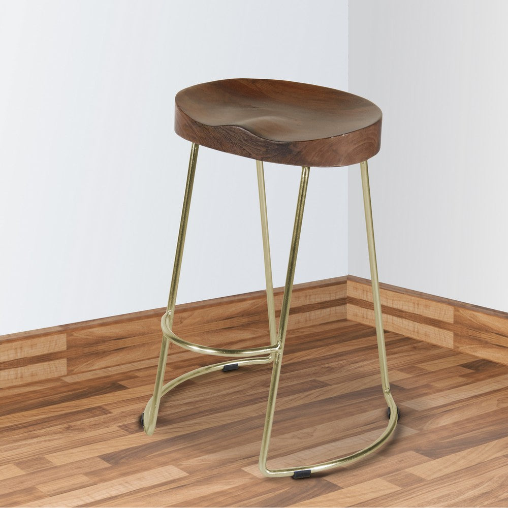 Ela 24 Inch Counter Height Stool with Mango Wood Saddle Seat, Iron Frame, Brown and Gold - UPT-263792