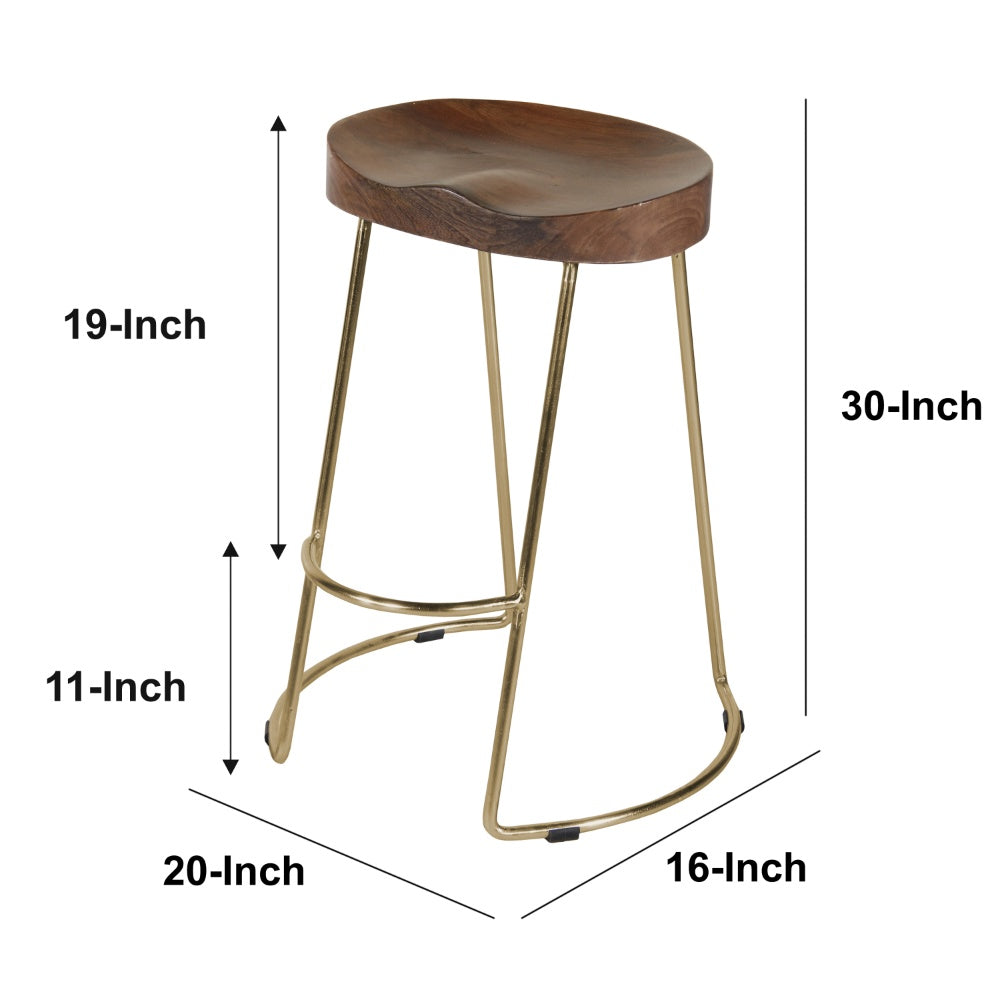 Ela 30 Inch Mango Wood Bar Stool, Saddle Seat, Iron, Set of 2, Walnut Brown, Gold - UPT-263793