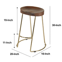 Ela 30 Inch Mango Wood Bar Stool, Saddle Seat, Iron, Set of 2, Walnut Brown, Gold - UPT-263793