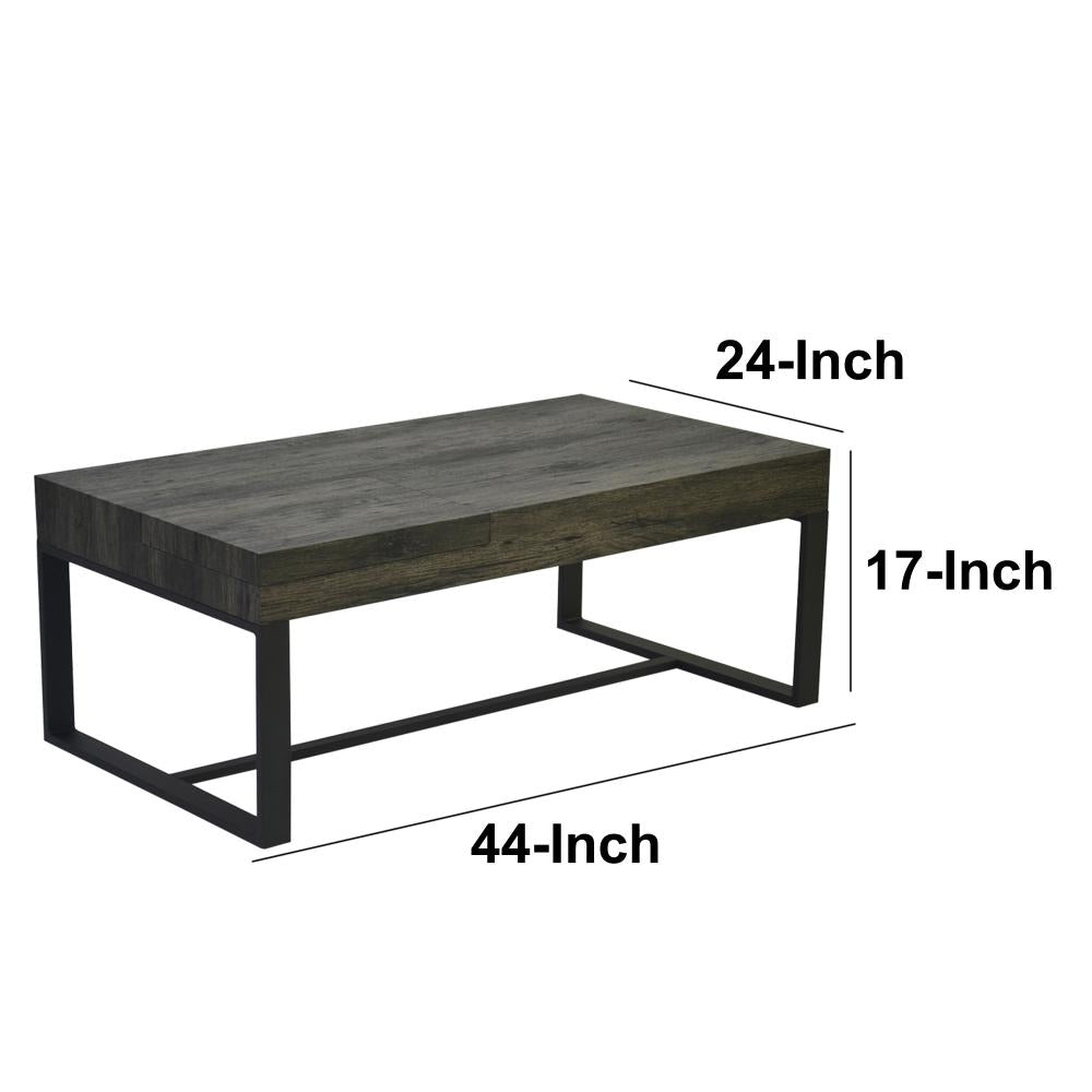 Rectangular Wooden Coffee Table with Hidden Storage and Metal Sled Base, Gray and Black - UPT-266261