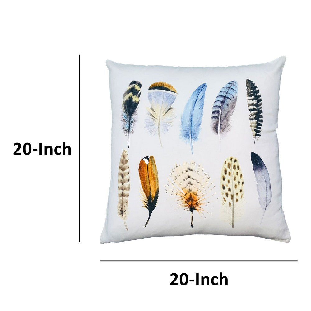 20 x 20 Square Cotton Accent Throw Pillows, Printed Feather Design, Set of 2, White, Multicolor - UPT-266361