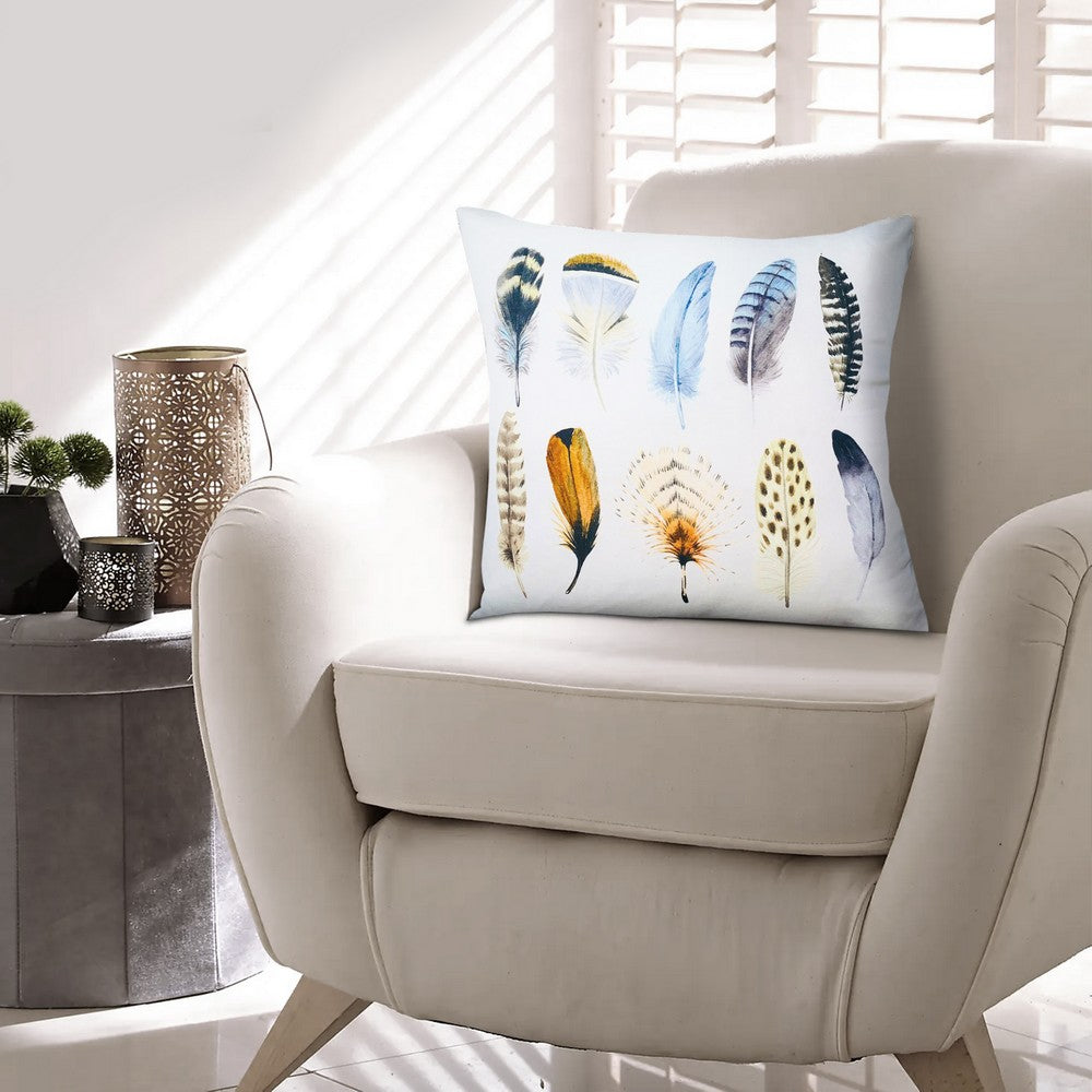 20 x 20 Square Cotton Accent Throw Pillows Printed Feather Design Set of 2 White Multicolor UPT 266361