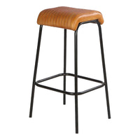 31 Inch Modern Bar Stool, Genuine Leather Seat, Iron Frame, Channel Stitched, Tan Brown, Black - UPT-266367