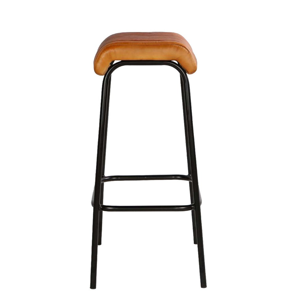 31 Inch Modern Bar Stool, Genuine Leather Seat, Iron Frame, Channel Stitched, Tan Brown, Black - UPT-266367