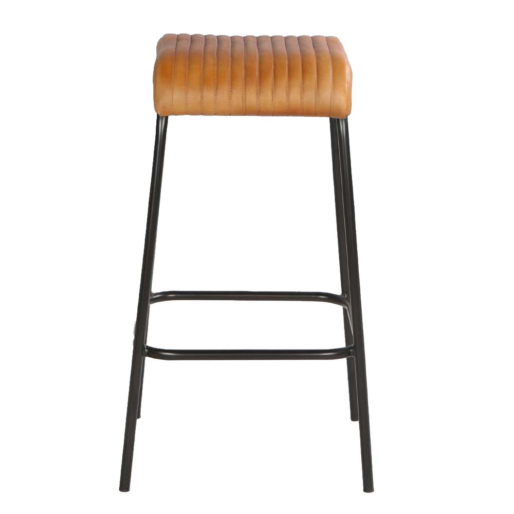 31 Inch Modern Bar Stool, Genuine Leather Seat, Iron Frame, Channel Stitched, Tan Brown, Black - UPT-266367