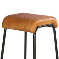 31 Inch Modern Bar Stool, Genuine Leather Seat, Iron Frame, Channel Stitched, Tan Brown, Black - UPT-266367