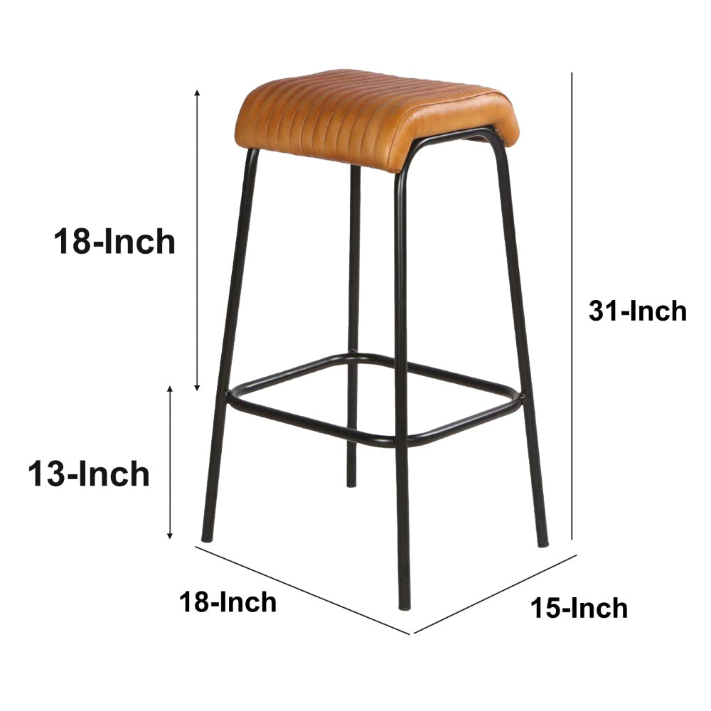 31 Inch Modern Bar Stool, Genuine Leather Seat, Iron Frame, Channel Stitched, Tan Brown, Black - UPT-266367