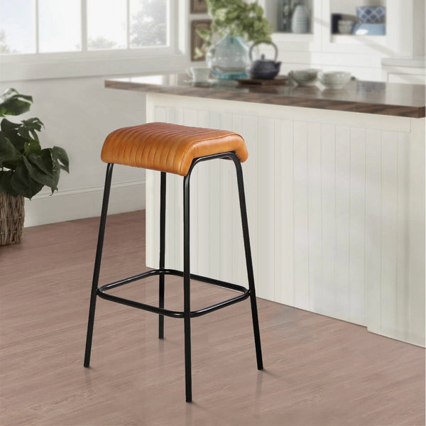 31 Inch Modern Bar Stool, Genuine Leather Seat, Iron Frame, Channel Stitched, Tan Brown, Black - UPT-266367