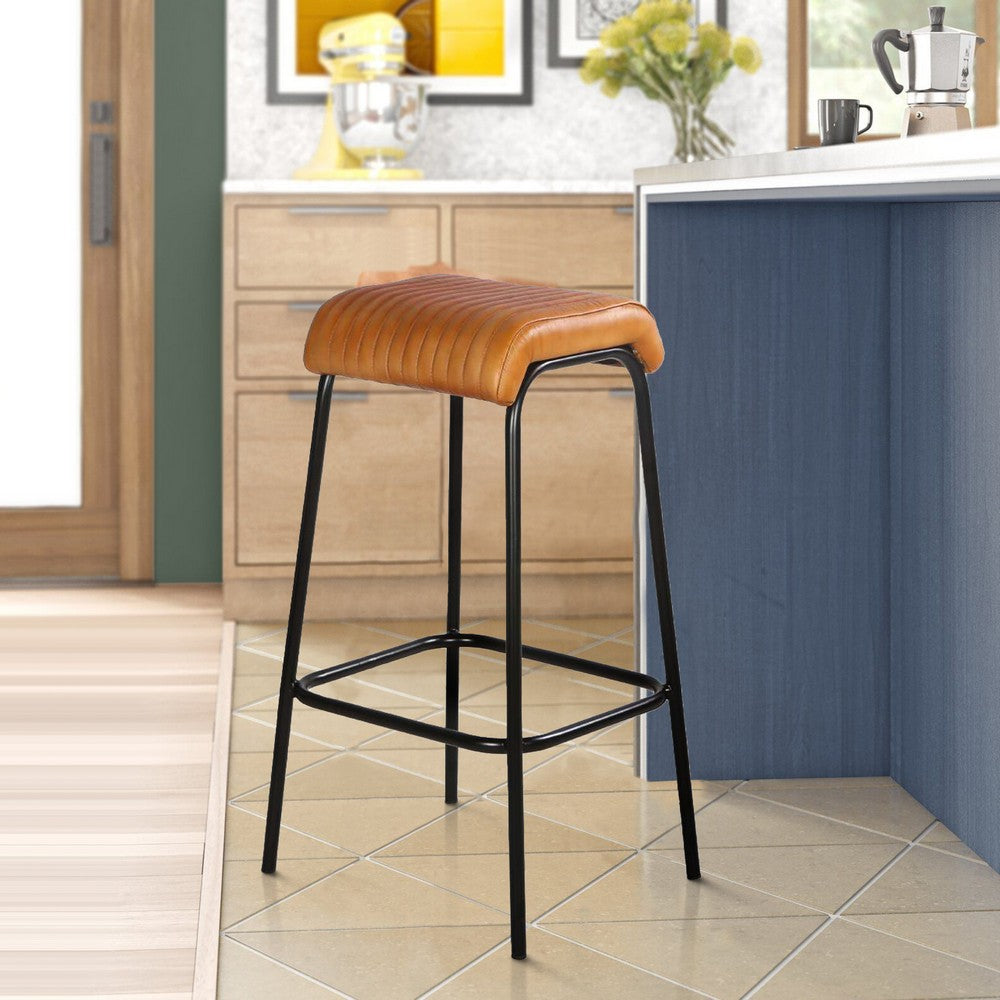 31 Inch Modern Bar Stool, Genuine Leather Seat, Iron Frame, Channel Stitched, Tan Brown, Black - UPT-266367