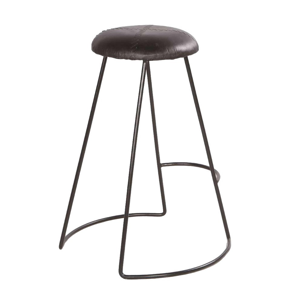 Uri 26 Inch Modern Counter Height Stool, Genuine Leather Upholstery, Metal Frame, Baseball Stitching, Black - UPT-266369