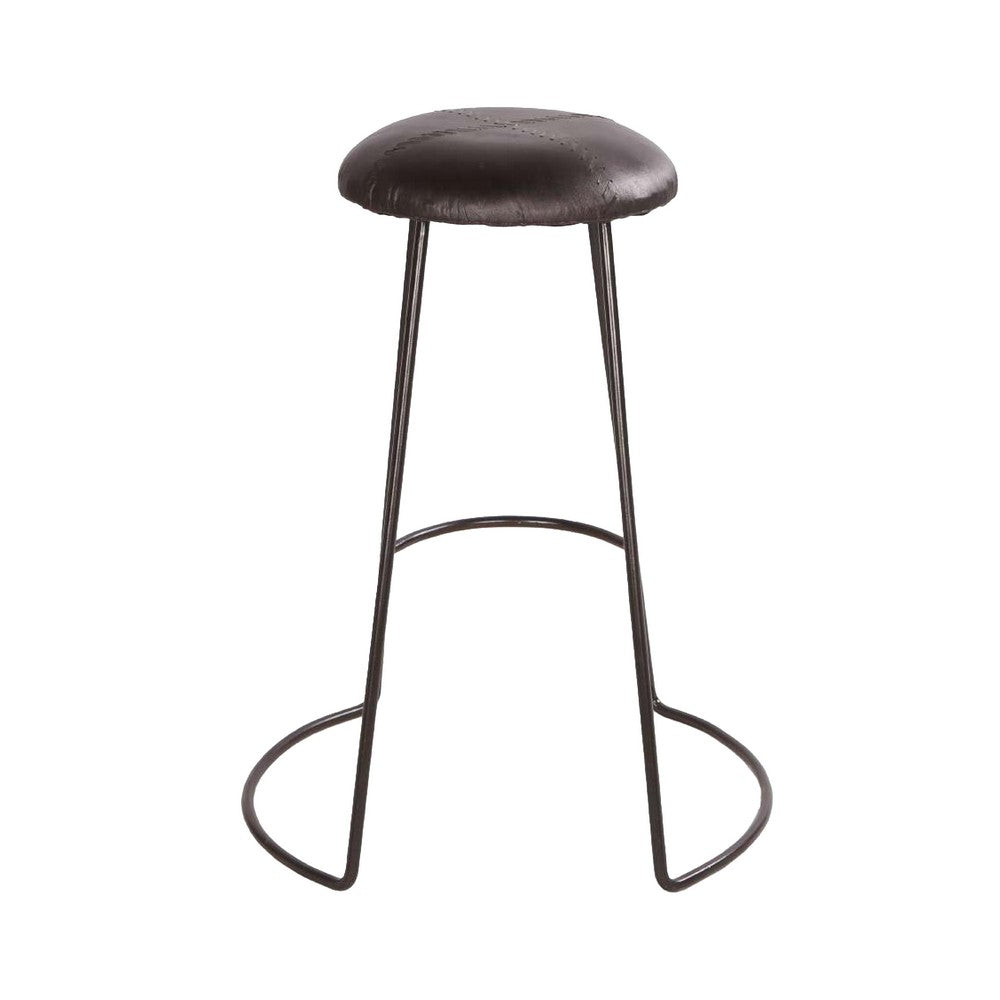 Uri 26 Inch Modern Counter Height Stool, Genuine Leather Upholstery, Metal Frame, Baseball Stitching, Black - UPT-266369