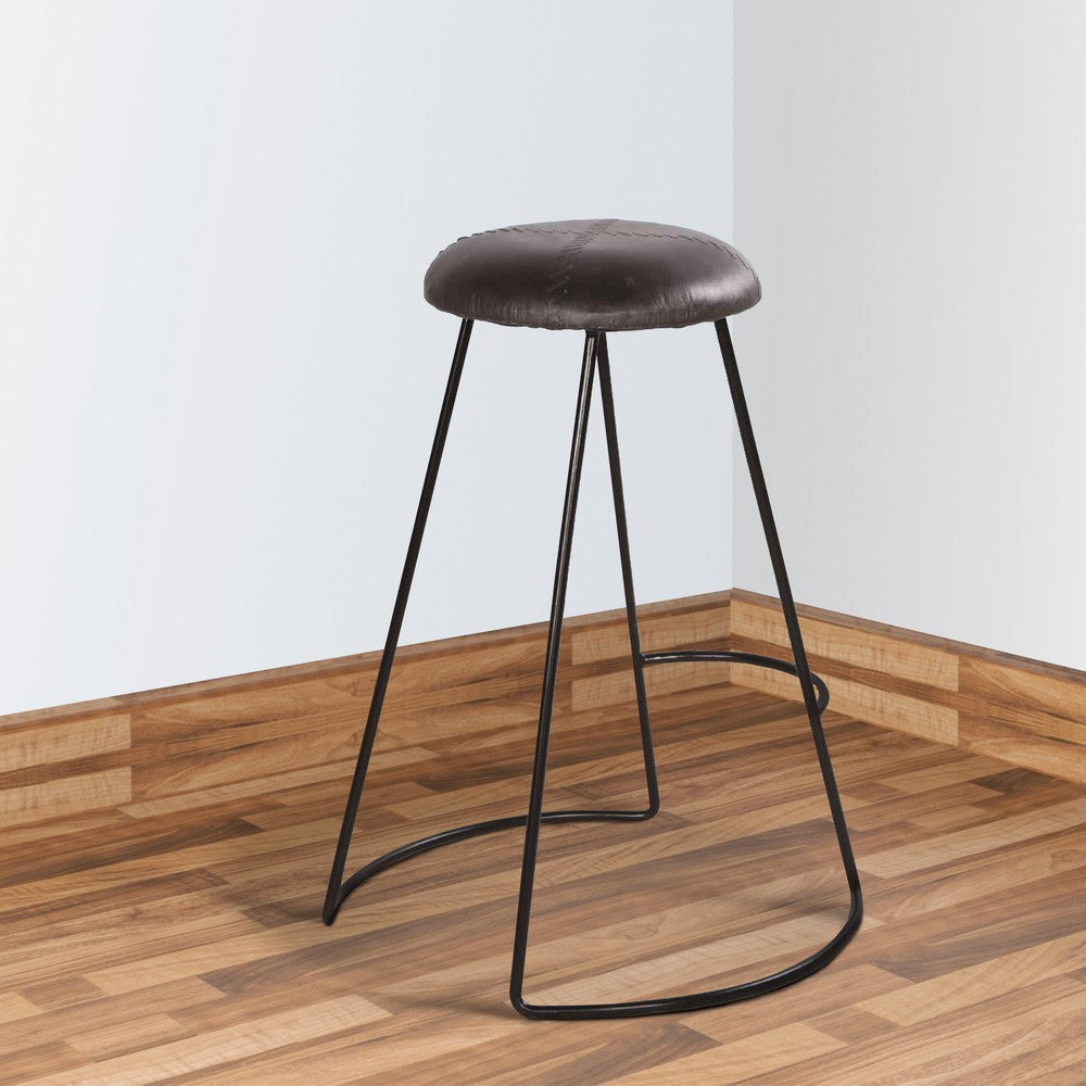 Uri 26 Inch Modern Counter Height Stool, Genuine Leather Upholstery, Metal Frame, Baseball Stitching, Black - UPT-266369