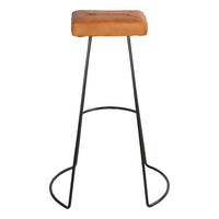 Uri 32 Inch Modern Bar Stool, Genuine Leather Seat, Metal Frame, Button Tufted, Tan Brown, Black - UPT-266370