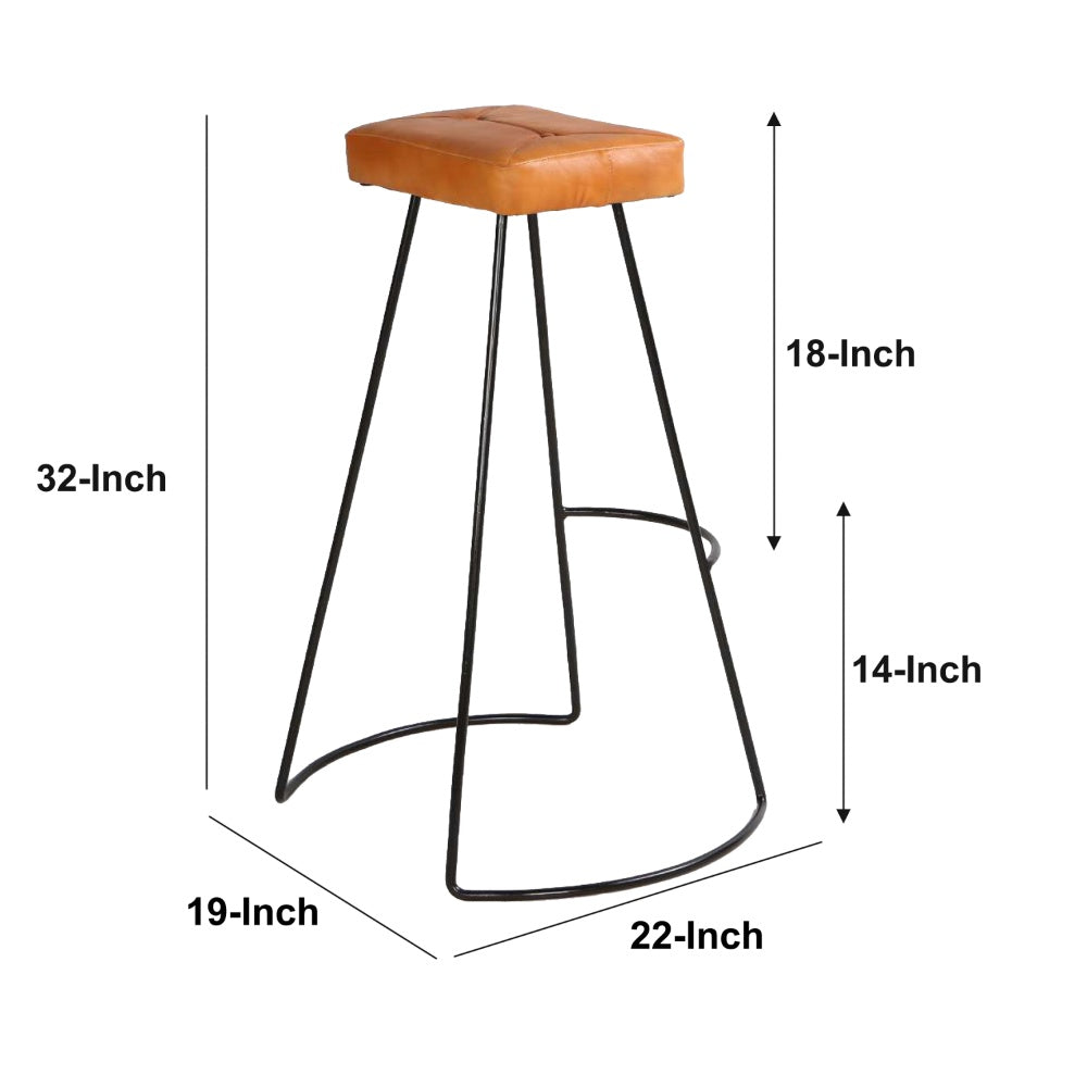 Uri 32 Inch Modern Bar Stool, Genuine Leather Seat, Metal Frame, Button Tufted, Tan Brown, Black - UPT-266370