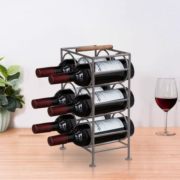 17 Inch Industrial Wine Rack Holder, Rectangular Iron Frame, 6 Bottle Storage, Gunmetal Gray - UPT-266371