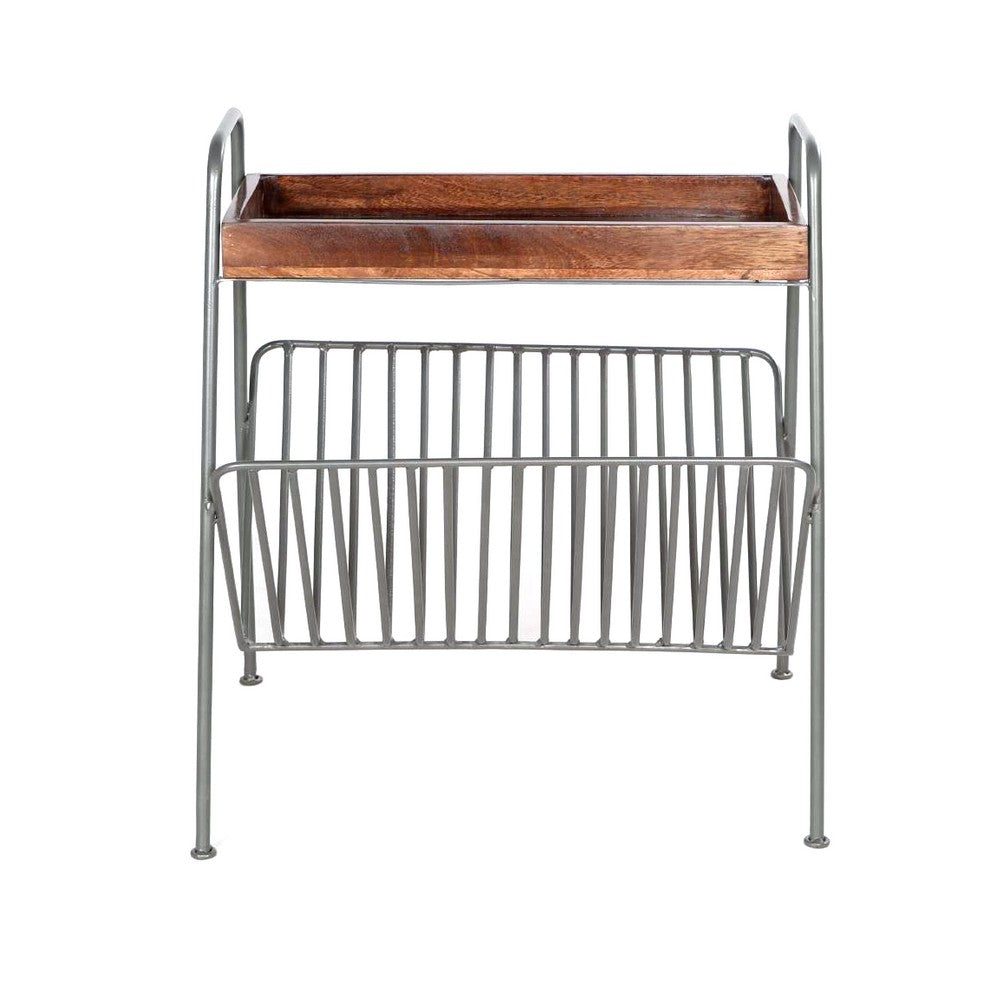 25 Inch Rectangular Metal Frame Side Table, Magazine Rack, Mango Wood Tray Top, Brown, Pewter Gray - UPT-266374