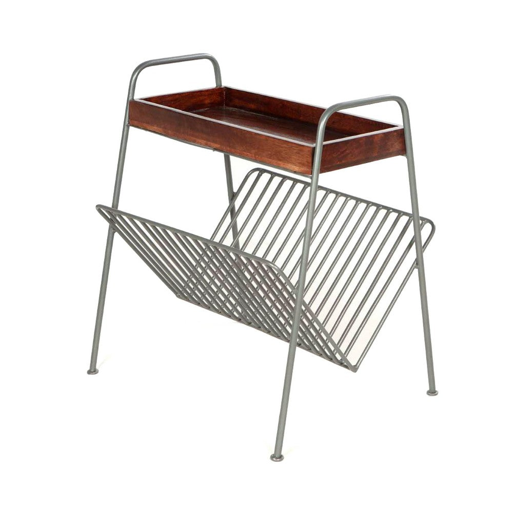 25 Inch Rectangular Metal Frame Side Table, Magazine Rack, Mango Wood Tray Top, Brown, Pewter Gray - UPT-266374