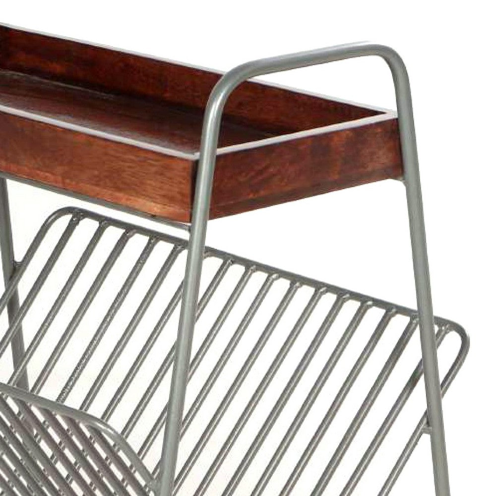 25 Inch Rectangular Metal Frame Side Table, Magazine Rack, Mango Wood Tray Top, Brown, Pewter Gray - UPT-266374