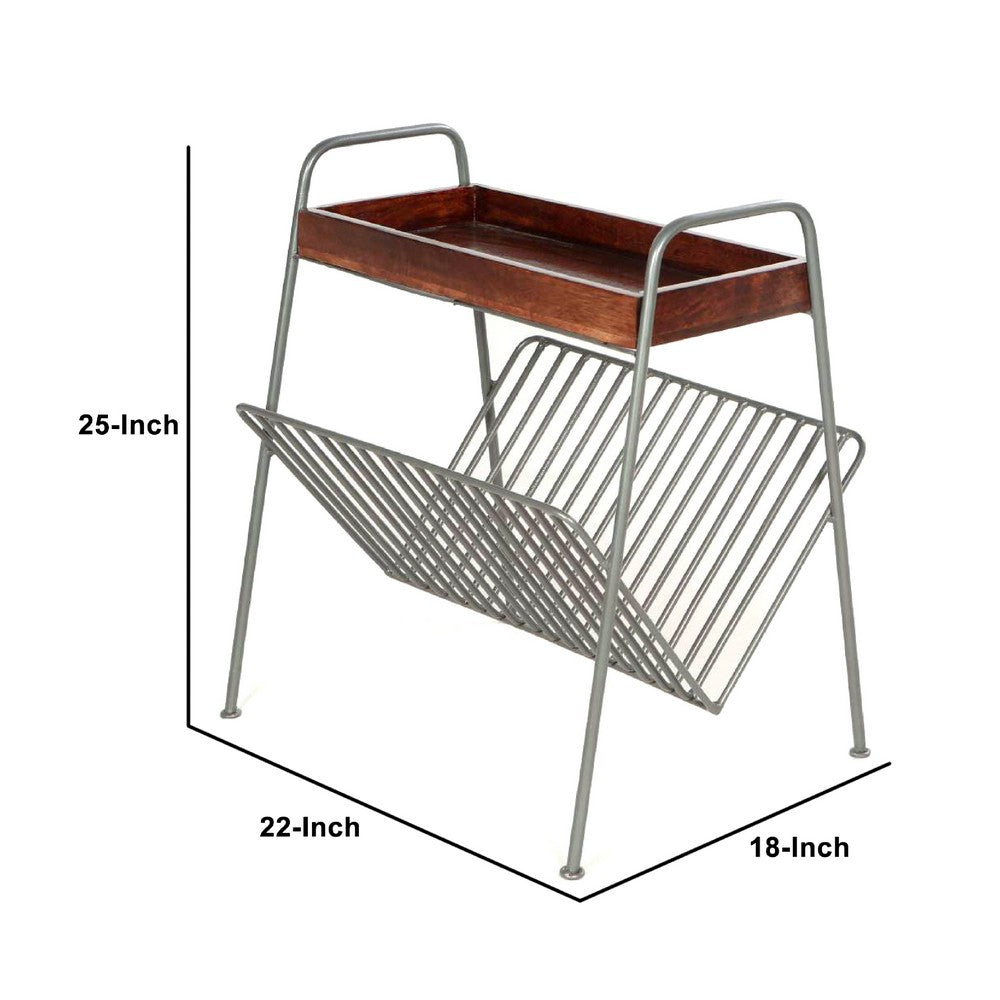 25 Inch Rectangular Metal Frame Side Table, Magazine Rack, Mango Wood Tray Top, Brown, Pewter Gray - UPT-266374