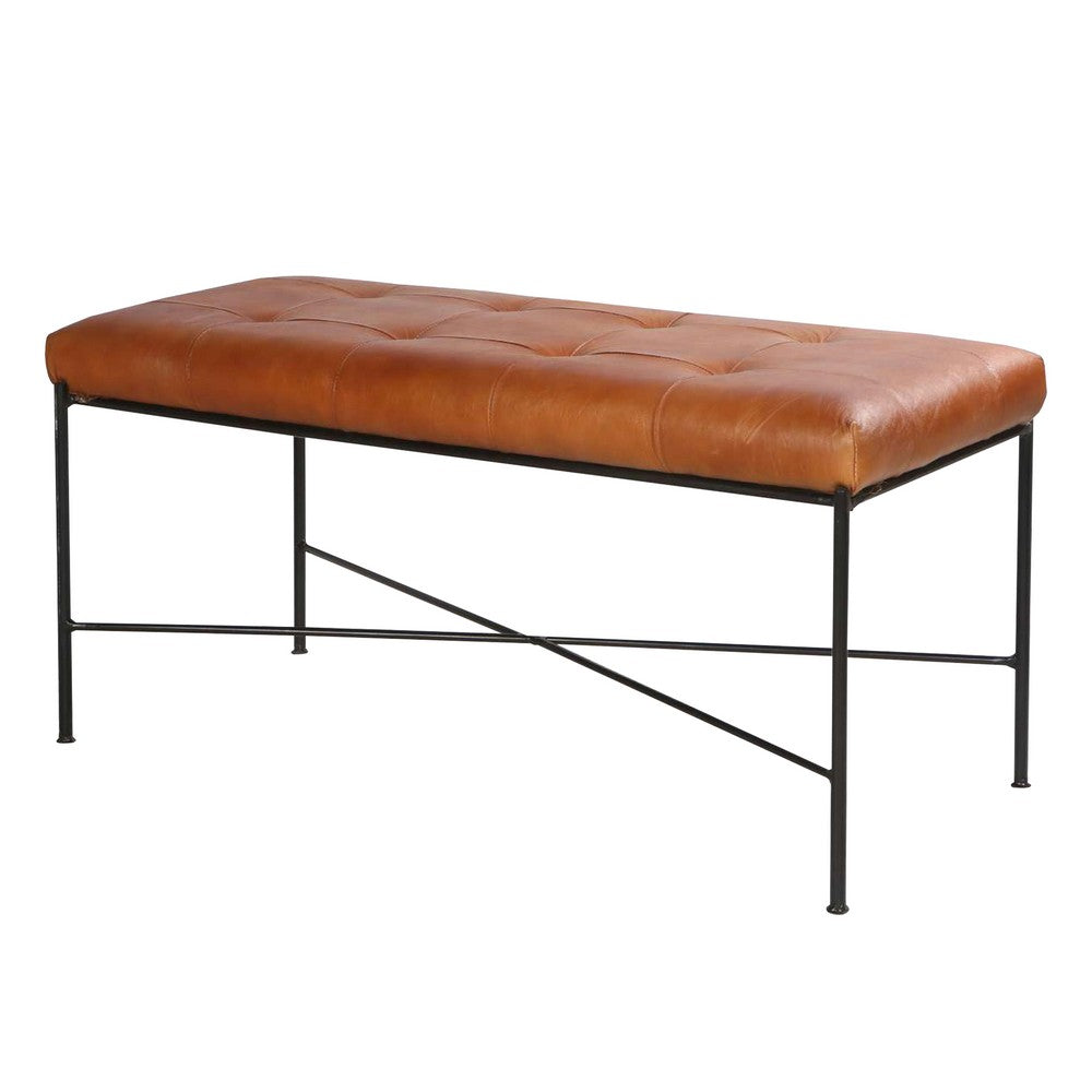 39 Inch Rectangular Accent Bench, Genuine Leather Seating, Tufted, Tan Brown, Black - UPT-266375