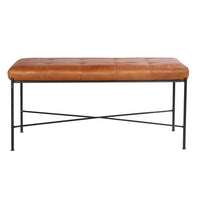 39 Inch Rectangular Accent Bench, Genuine Leather Seating, Tufted, Tan Brown, Black - UPT-266375