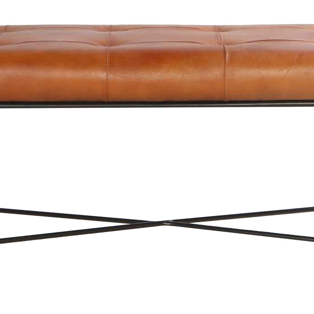 39 Inch Rectangular Accent Bench, Genuine Leather Seating, Tufted, Tan Brown, Black - UPT-266375