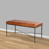 39 Inch Rectangular Accent Bench, Genuine Leather Seating, Tufted, Tan Brown, Black - UPT-266375