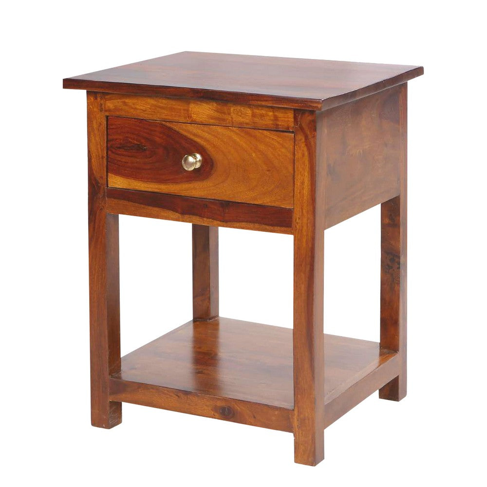 22.5 Inch Acacia Wood Rectangular End Side Table, 1 Drawer, Open Shelf, Walnut Brown - UPT-266376