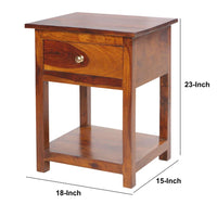 22.5 Inch Acacia Wood Rectangular End Side Table, 1 Drawer, Open Shelf, Walnut Brown - UPT-266376