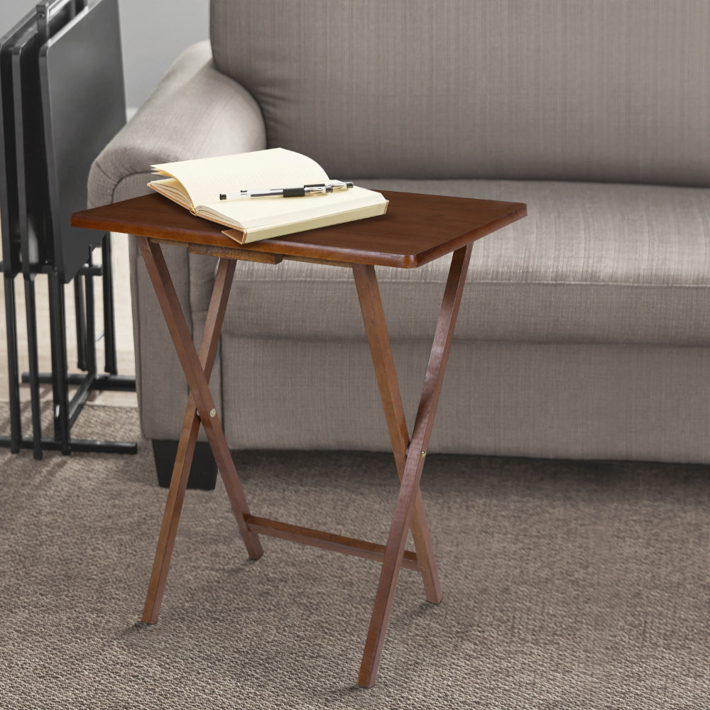 Coi 26 Inch Handcrafted Rubberwood Rectangular TV Tray Side Table, Folding X Shape Frame, Walnut Brown - UPT-266382