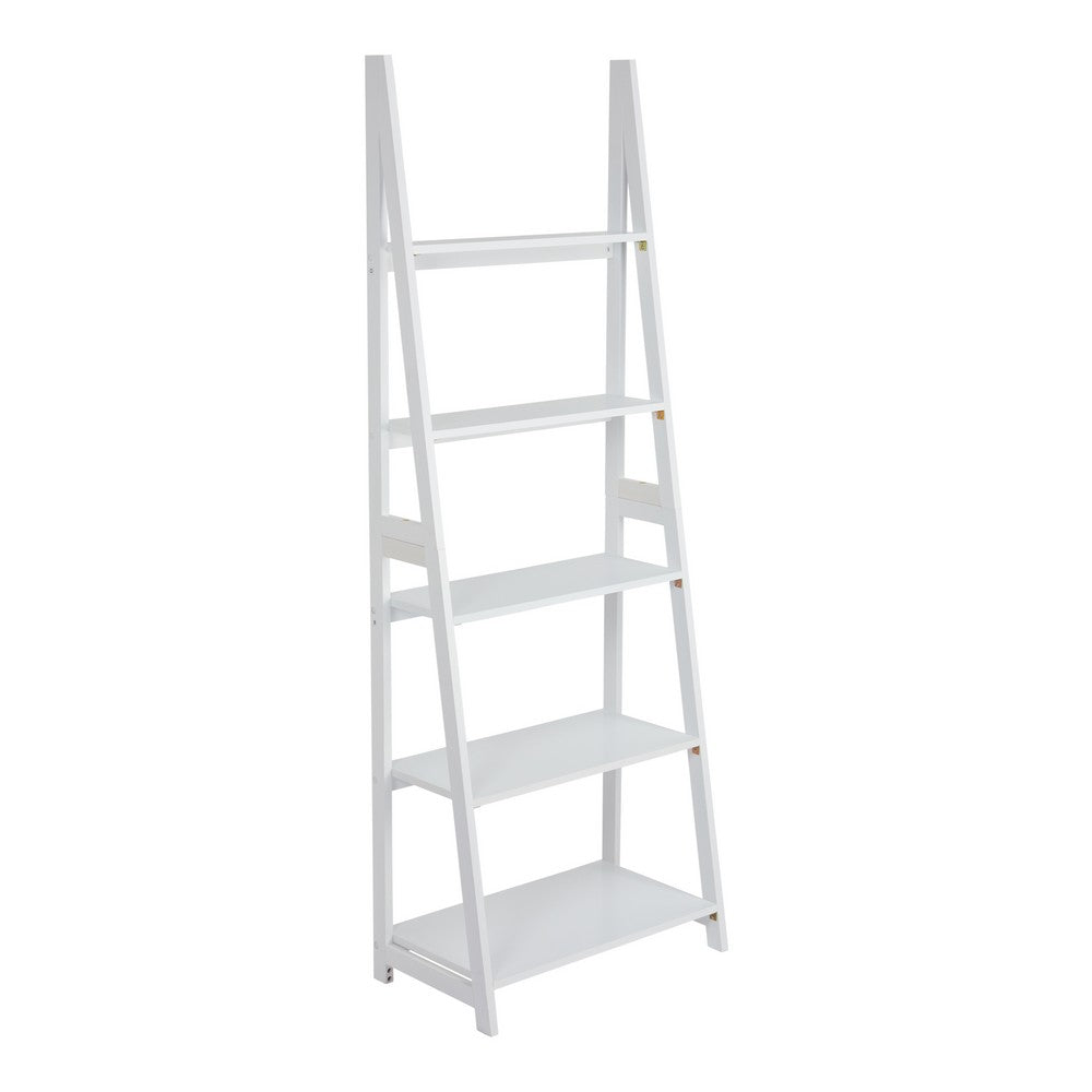 Iza 70 Inch Rubberwood Ladder Bookshelf, 5 Tier Storage, A Shaped Frame, White - UPT-266386