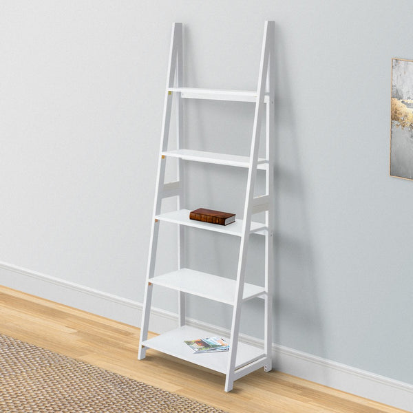 Iza 70 Inch Rubberwood Ladder Bookshelf, 5 Tier Storage, A Shaped Frame, White - UPT-266386