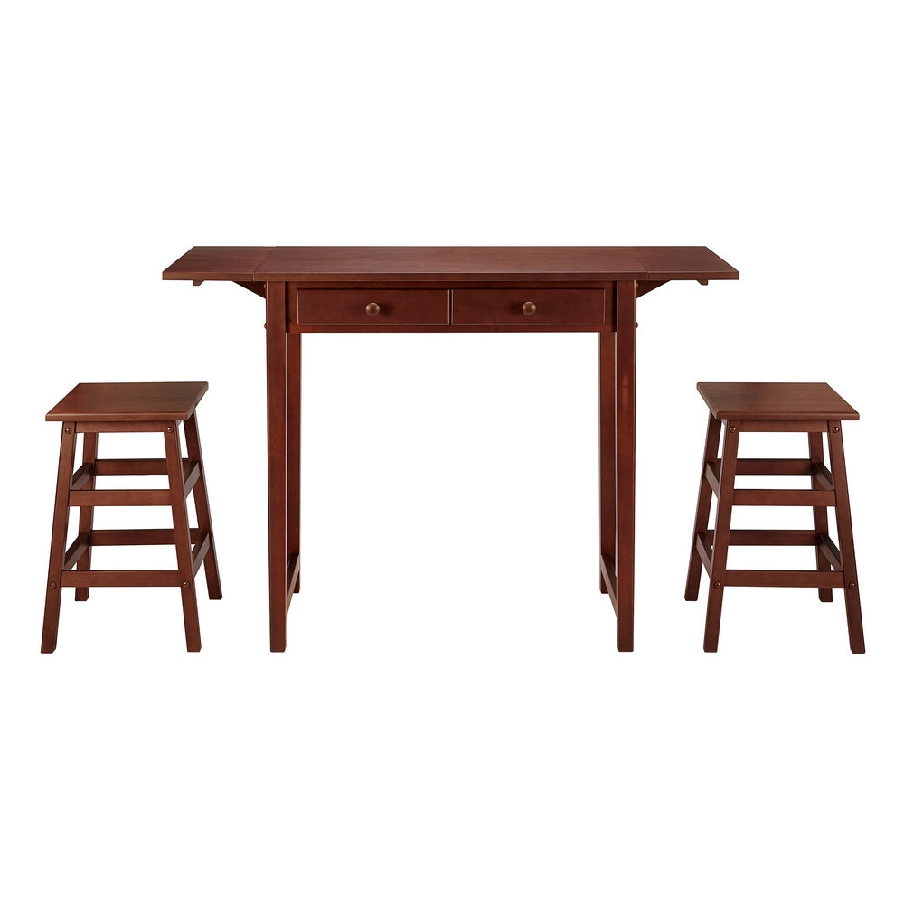 3 Piece Breakfast Table Set with Double Drop Leaf and Wooden Seating, Walnut Brown - UPT-266391