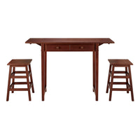 3 Piece Breakfast Table Set with Double Drop Leaf and Wooden Seating, Walnut Brown - UPT-266391