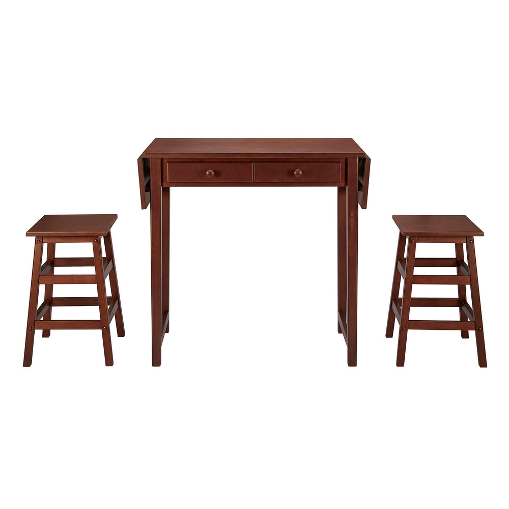 3 Piece Breakfast Table Set with Double Drop Leaf and Wooden Seating, Walnut Brown - UPT-266391