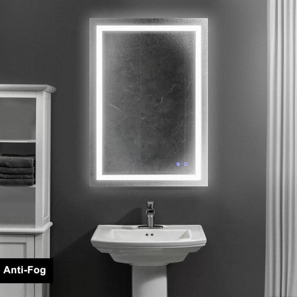 24 x 36 Inch Frameless LED Illuminated Bathroom Wall Mirror, Touch Button Defogger, Rectangular, Metal, Silver - UPT-266395