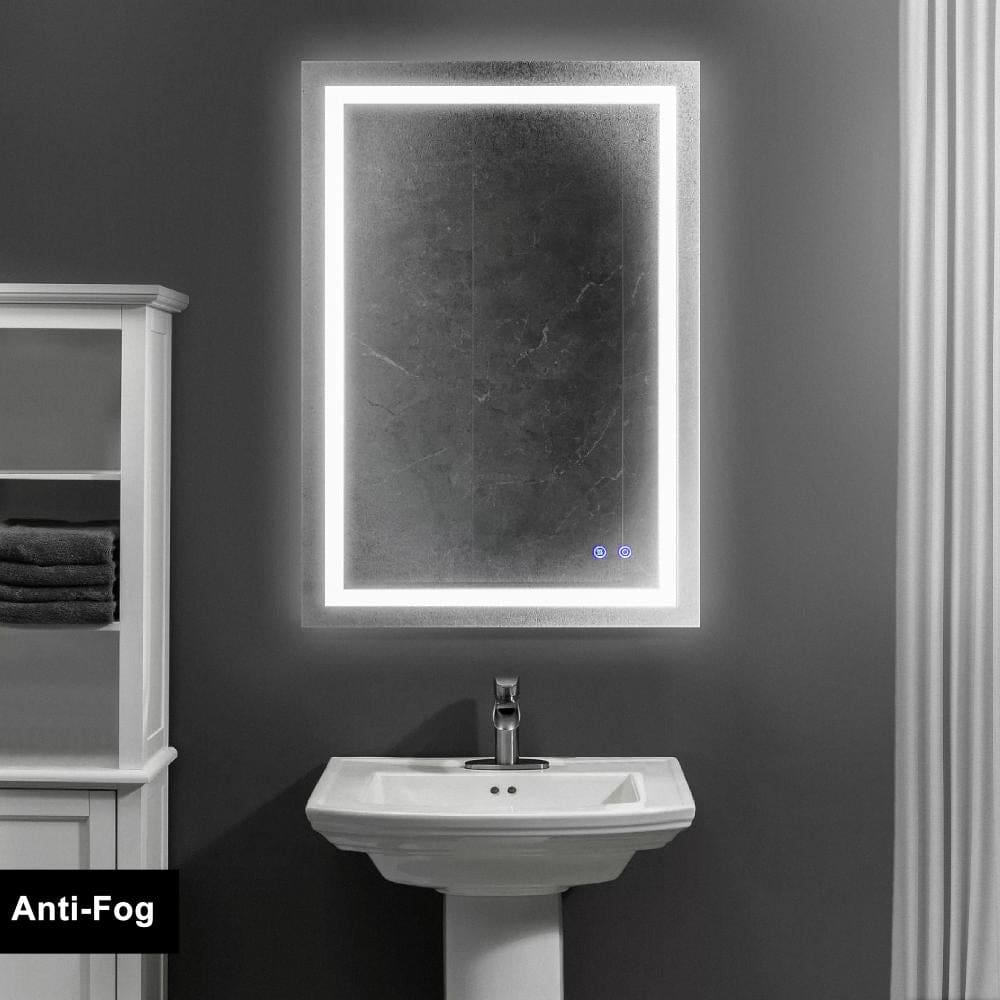 24 x 36 Inch Frameless LED Illuminated Bathroom Wall Mirror, Touch Button Defogger, Rectangular, Metal, Silver - UPT-266395