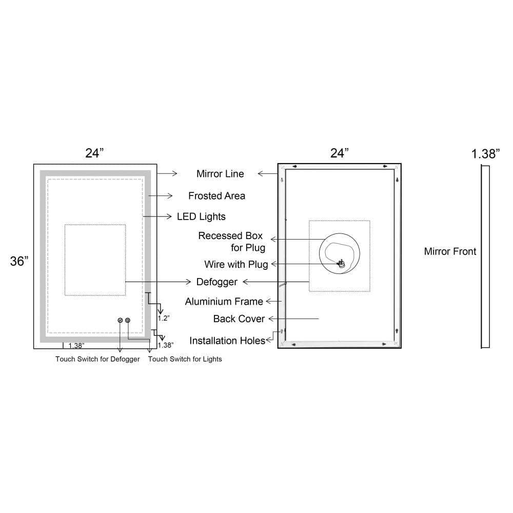 24 x 36 Inch Frameless LED Illuminated Bathroom Wall Mirror, Touch Button Defogger, Rectangular, Metal, Silver - UPT-266395