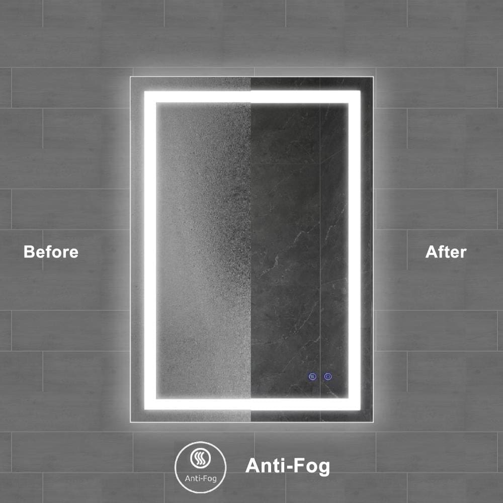 24 x 36 Inch Frameless LED Illuminated Bathroom Wall Mirror, Touch Button Defogger, Rectangular, Metal, Silver - UPT-266395