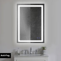 24 x 36 Inch Frameless LED Illuminated Bathroom Wall Mirror, Touch Button Defogger, Rectangular, Metal, Silver - UPT-266395