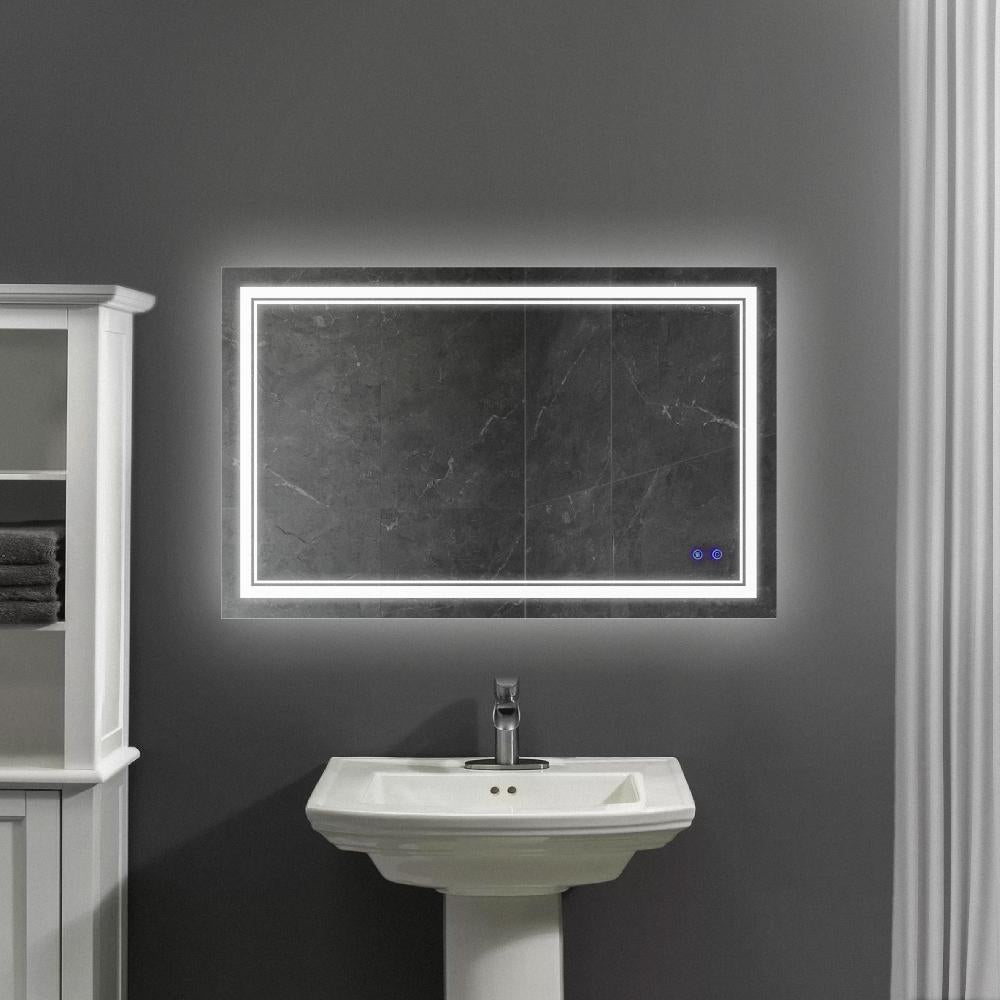 40 x 24 Inch Frameless LED Illuminated Bathroom Wall Mirror, Touch Button Defogger, Rectangular, Silver - UPT-266396