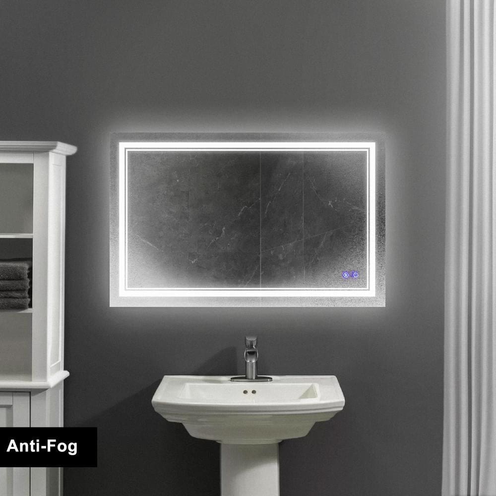 40 x 24 Inch Frameless LED Illuminated Bathroom Wall Mirror, Touch Button Defogger, Rectangular, Silver - UPT-266396