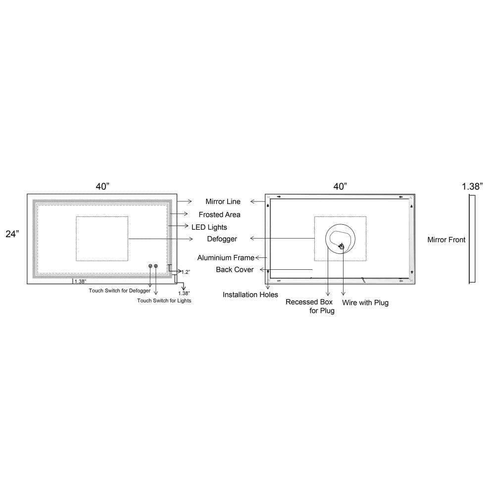 40 x 24 Inch Frameless LED Illuminated Bathroom Wall Mirror, Touch Button Defogger, Rectangular, Silver - UPT-266396