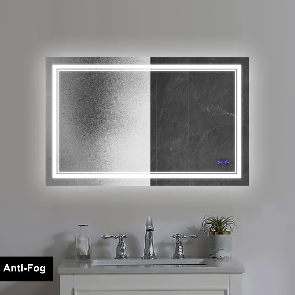 40 x 24 Inch Frameless LED Illuminated Bathroom Wall Mirror, Touch Button Defogger, Rectangular, Silver - UPT-266396